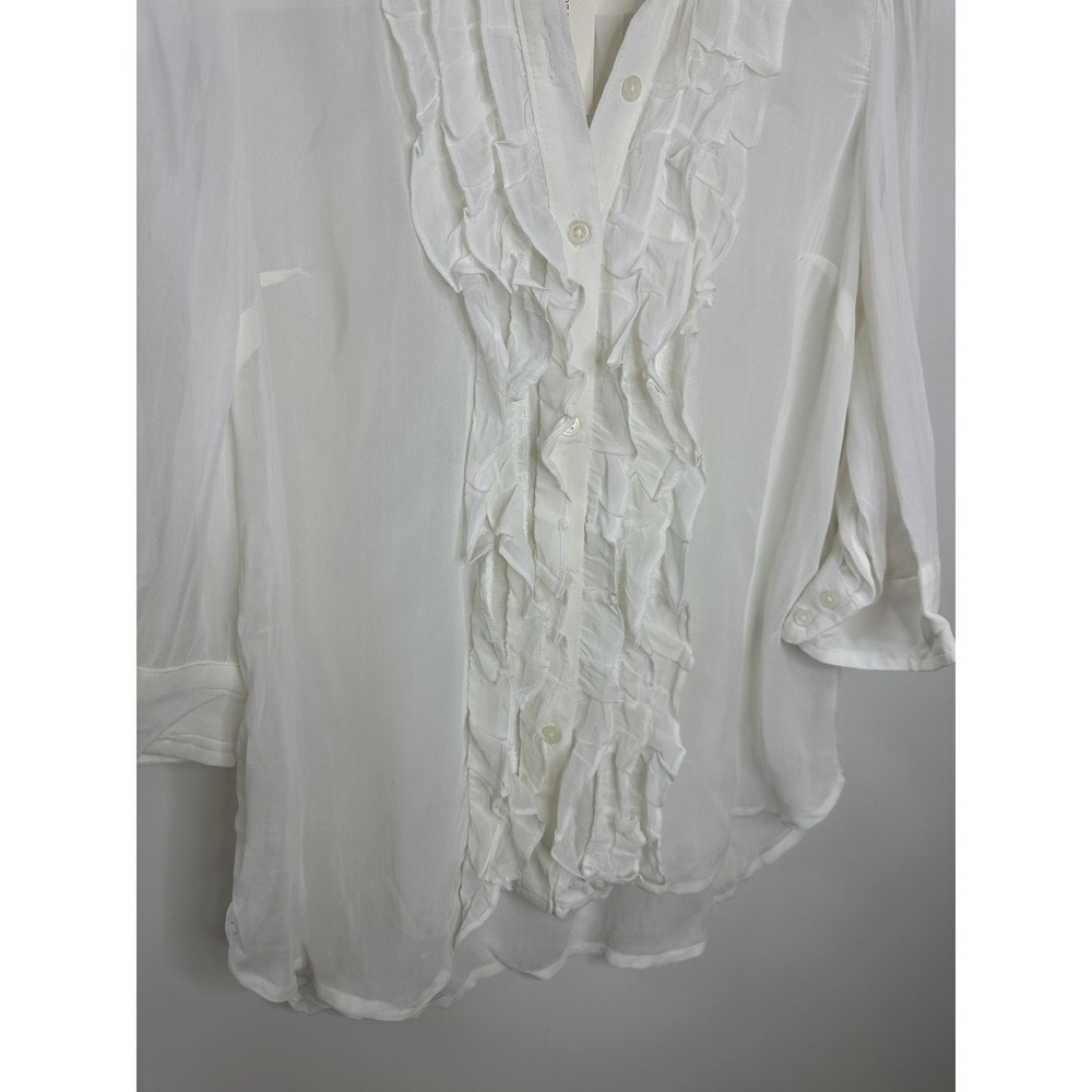 New Maeve Anthropologie Lightweight Ruffle Front Mao Shirt Sheer Button White XS - Picture 4 of 16